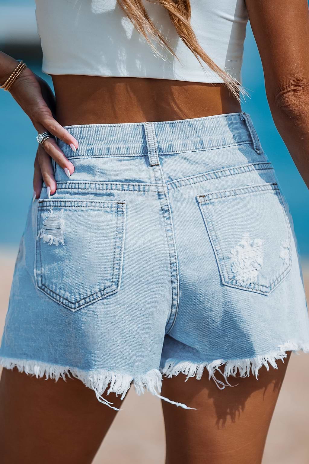 Light Blue Destroyed Denim Shorts
