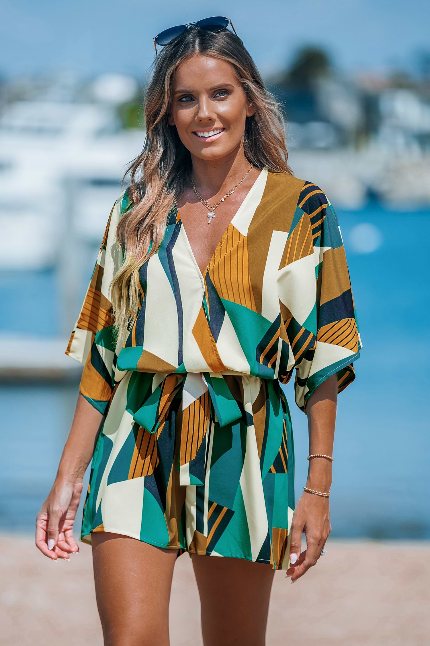 Abstract Geo Dolman Straight Leg Romper