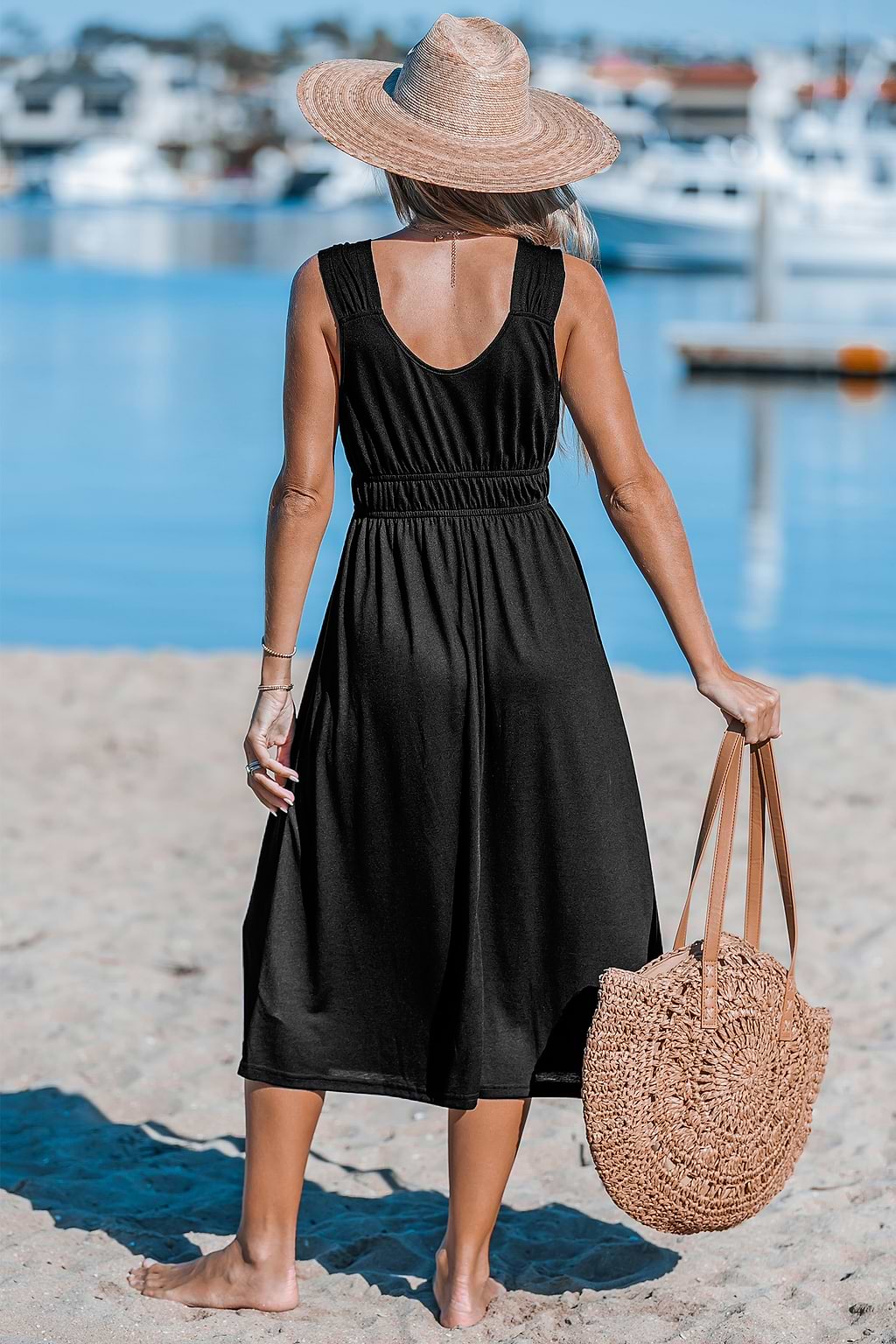 Black V-Neck O-Ring Midi Jersey Dress