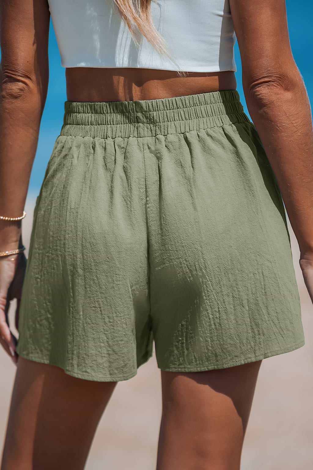 Sage Elastic Waist Patch Pocket Loose Leg Shorts