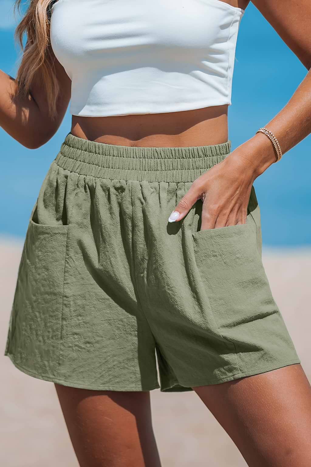 Sage Elastic Waist Patch Pocket Loose Leg Shorts