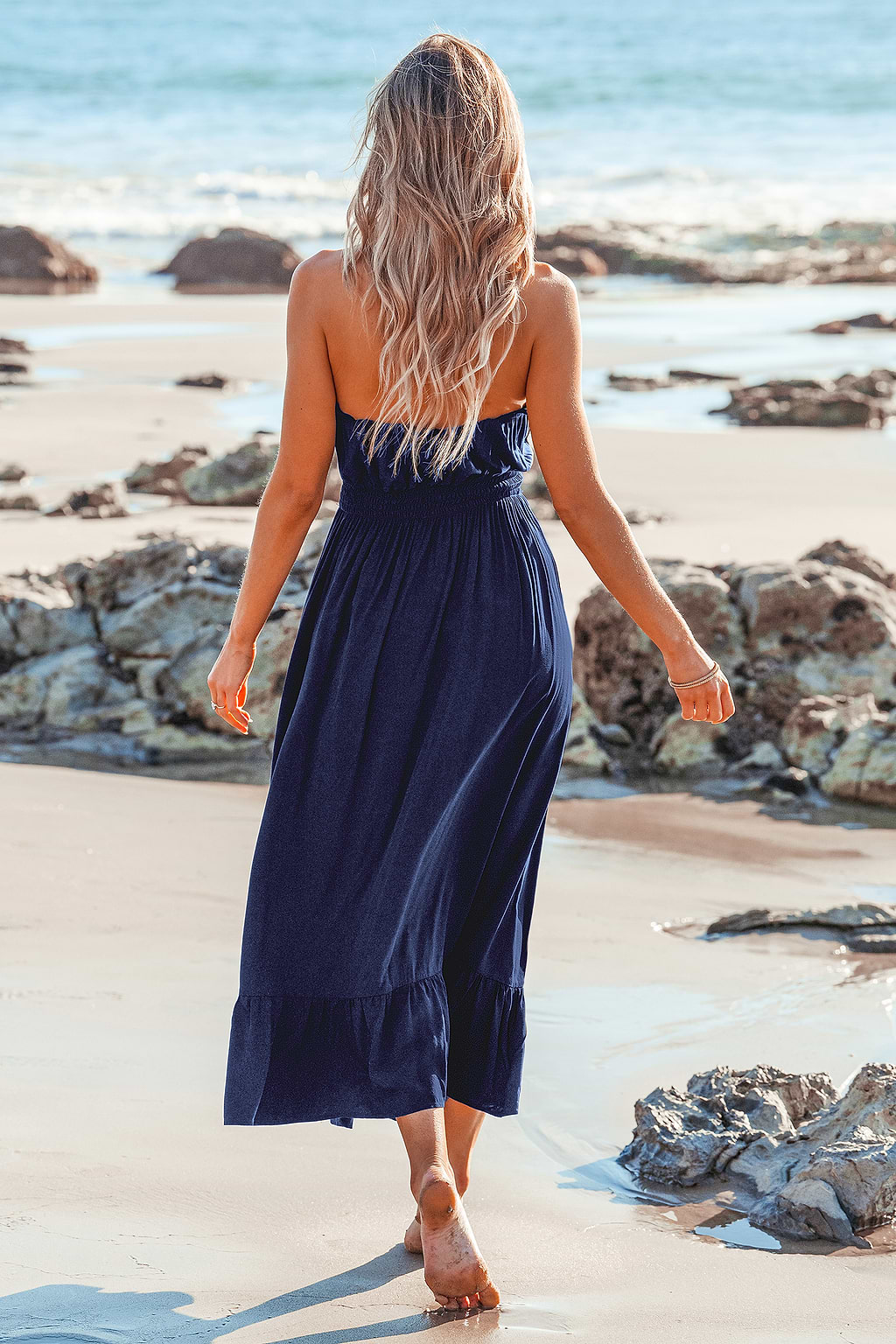 Blue Smocked Waist Front Button Maxi Tube Dress