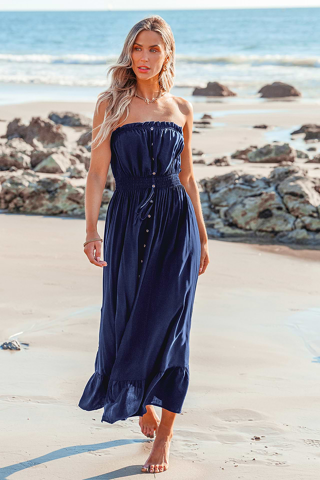 Blue Smocked Waist Front Button Maxi Tube Dress