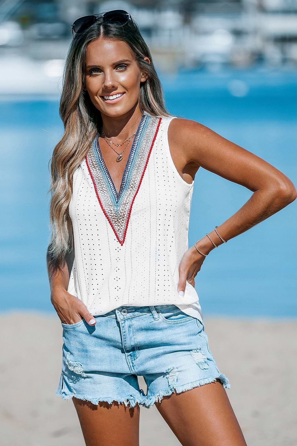 V-Neck Eyelet Jersey Tank