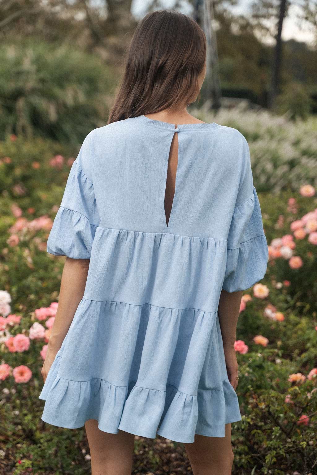 Light Blue Ruffled Puff Sleeve Mini Dress