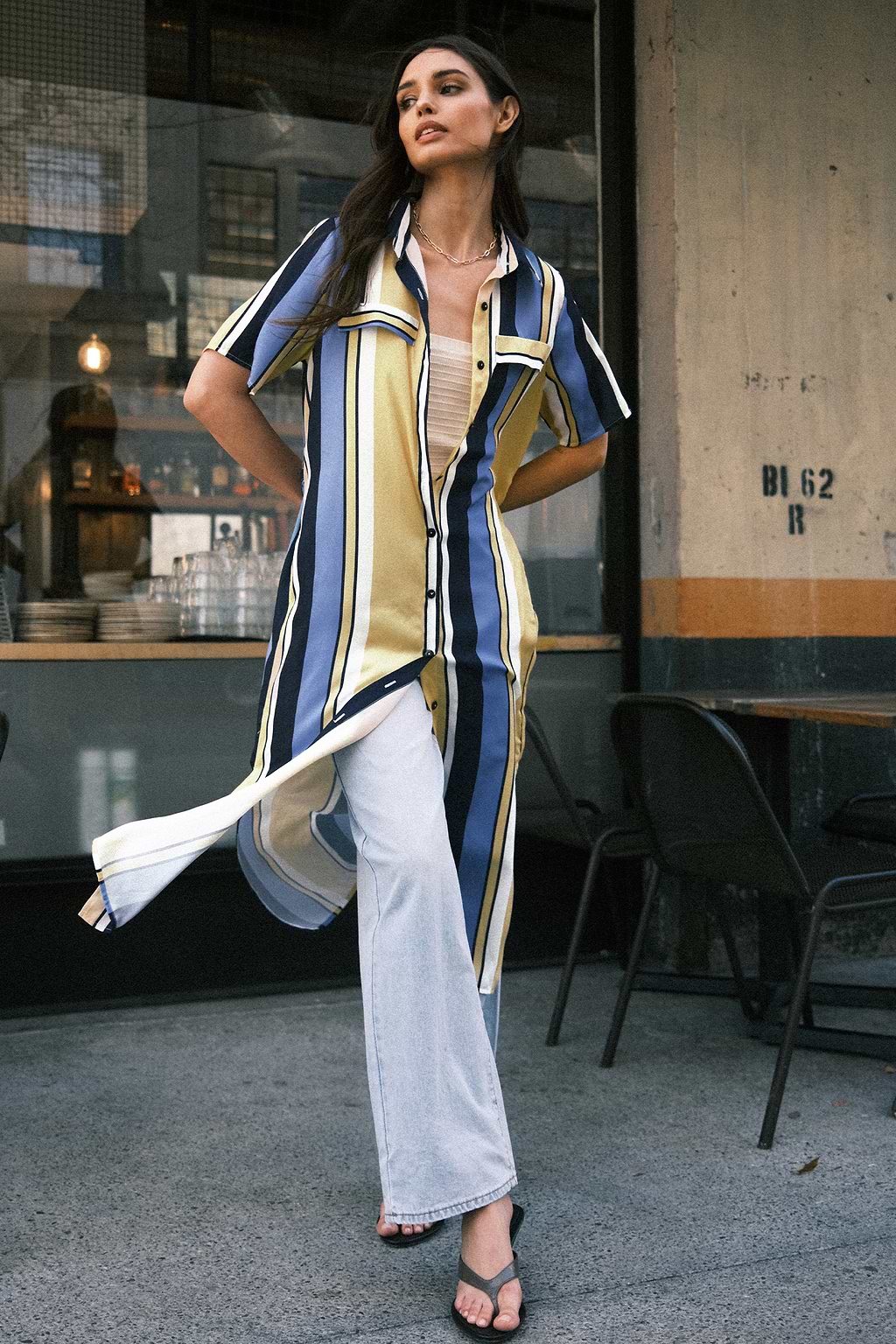 Blue & Yellow Stripe Collared Front Button Midi T-Shirt Dress