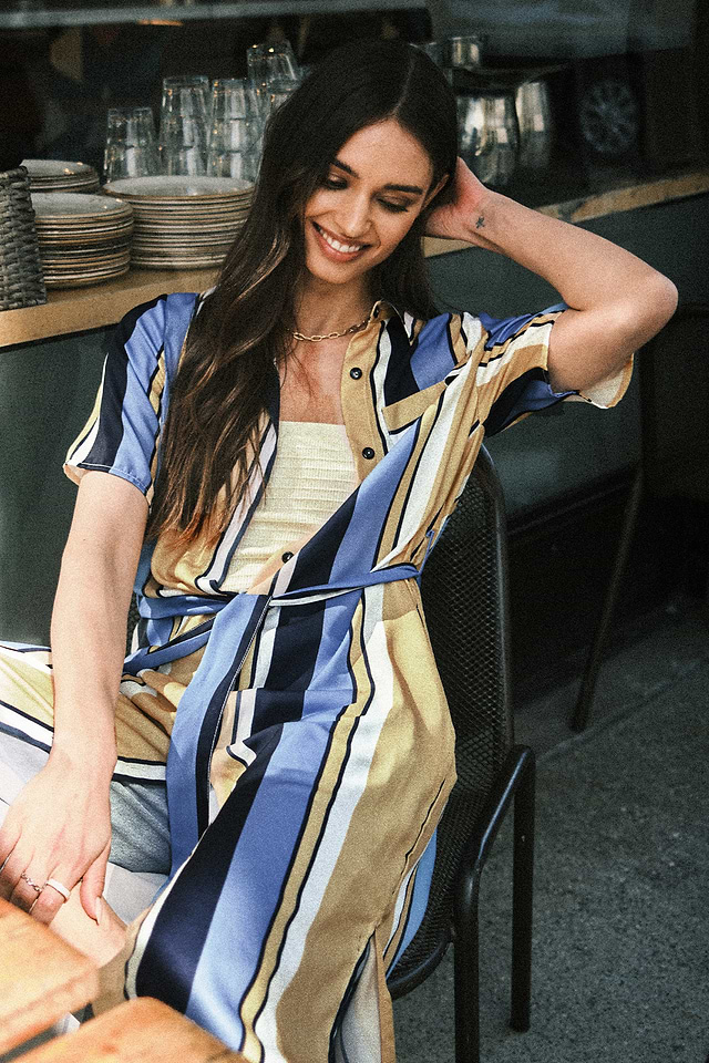 Blue & Yellow Stripe Collared Front Button Midi T-Shirt Dress