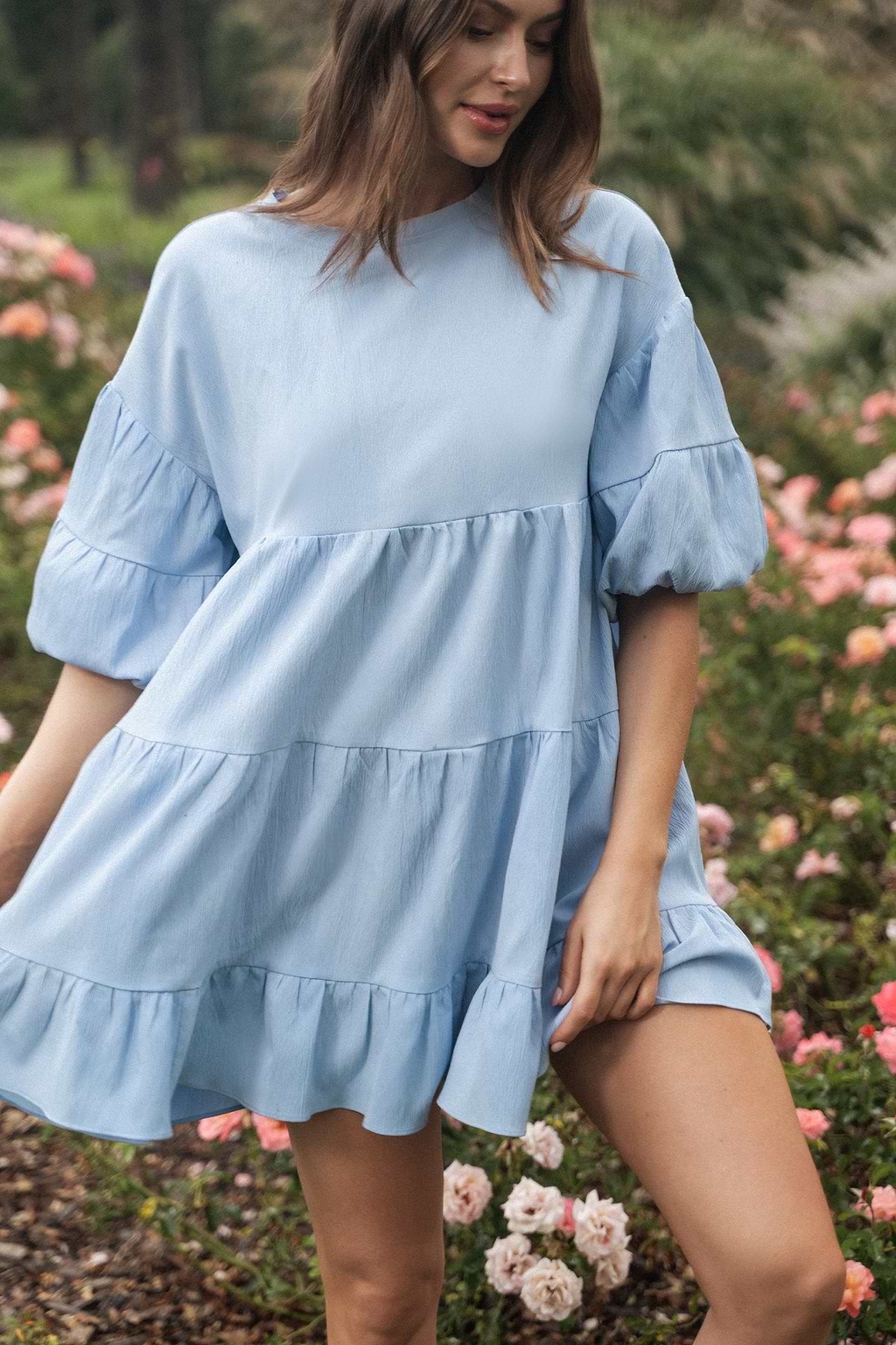 Light Blue Ruffled Puff Sleeve Mini Dress