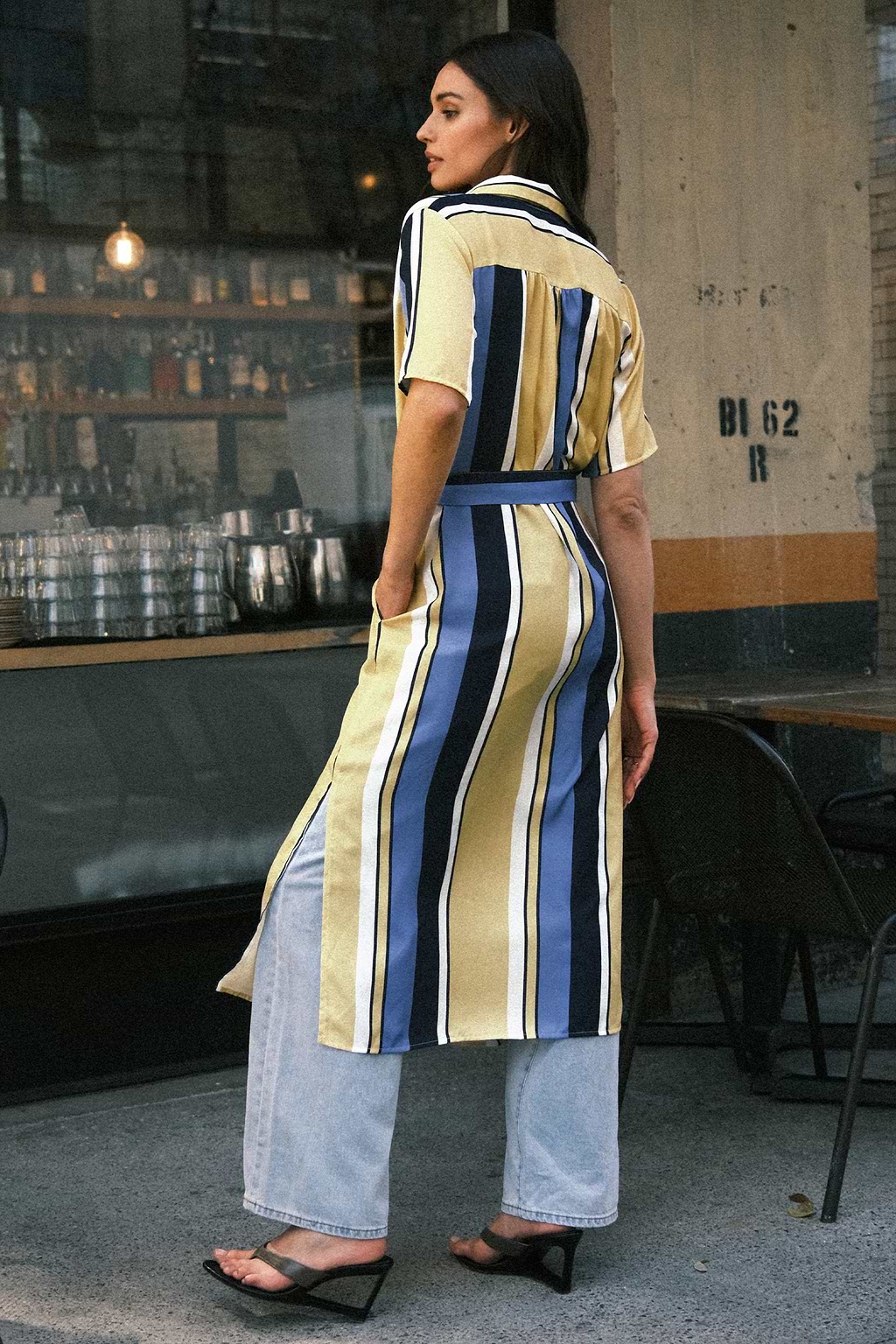 Blue & Yellow Stripe Collared Front Button Midi T-Shirt Dress