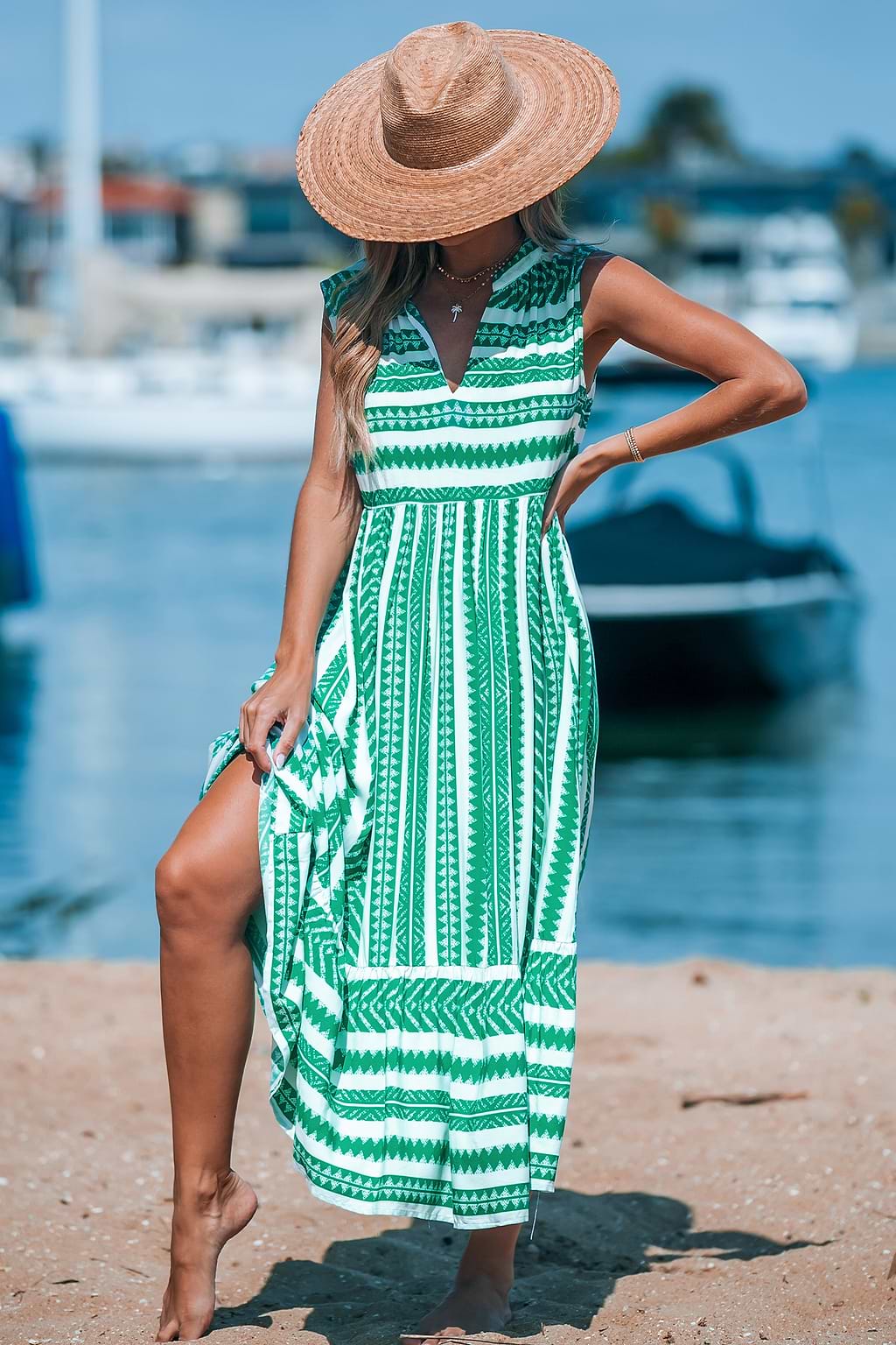 Groen gemengd gestreepte mouwloze maxi-jurk met splithals