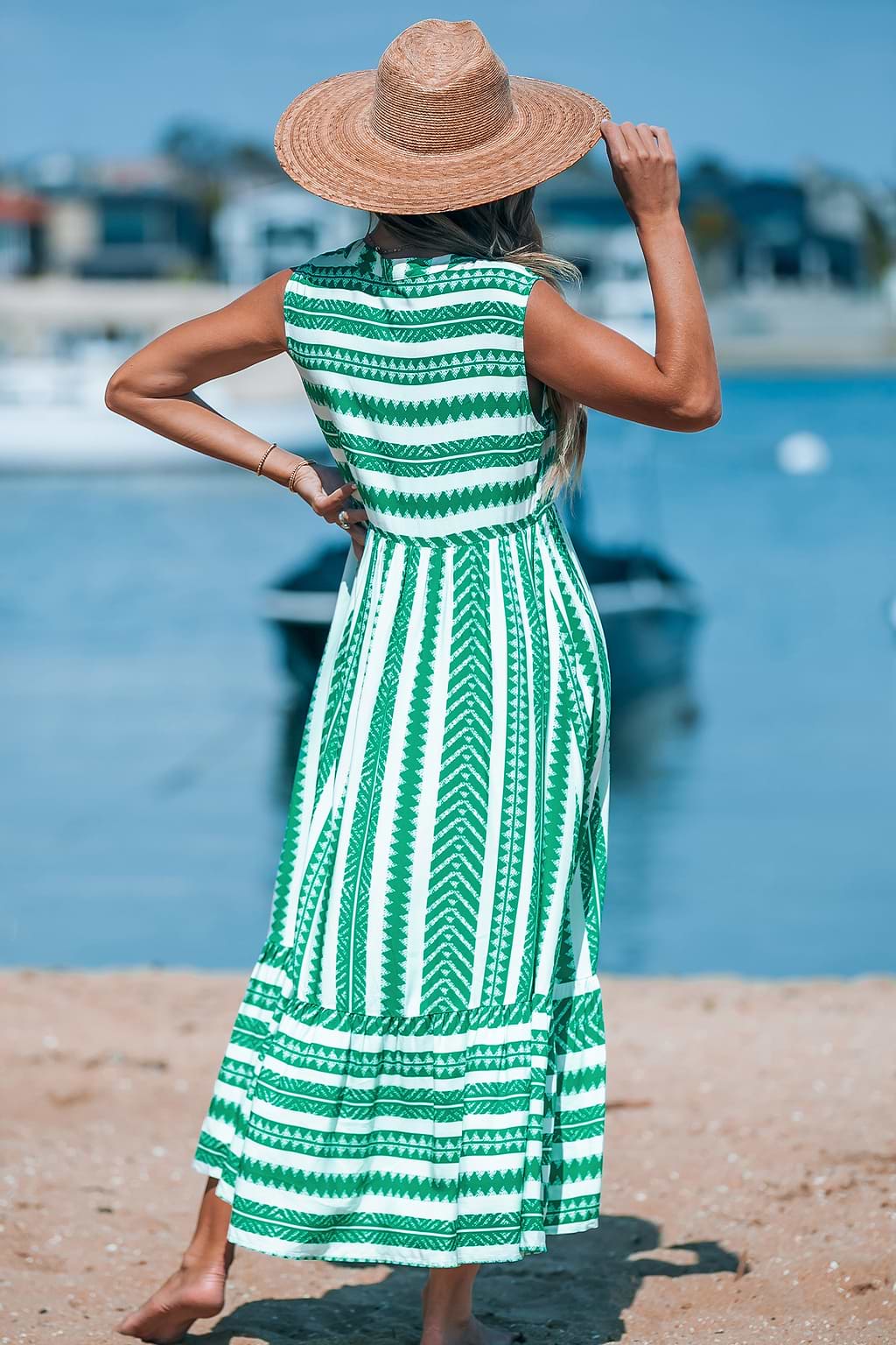 Groen gemengd gestreepte mouwloze maxi-jurk met splithals