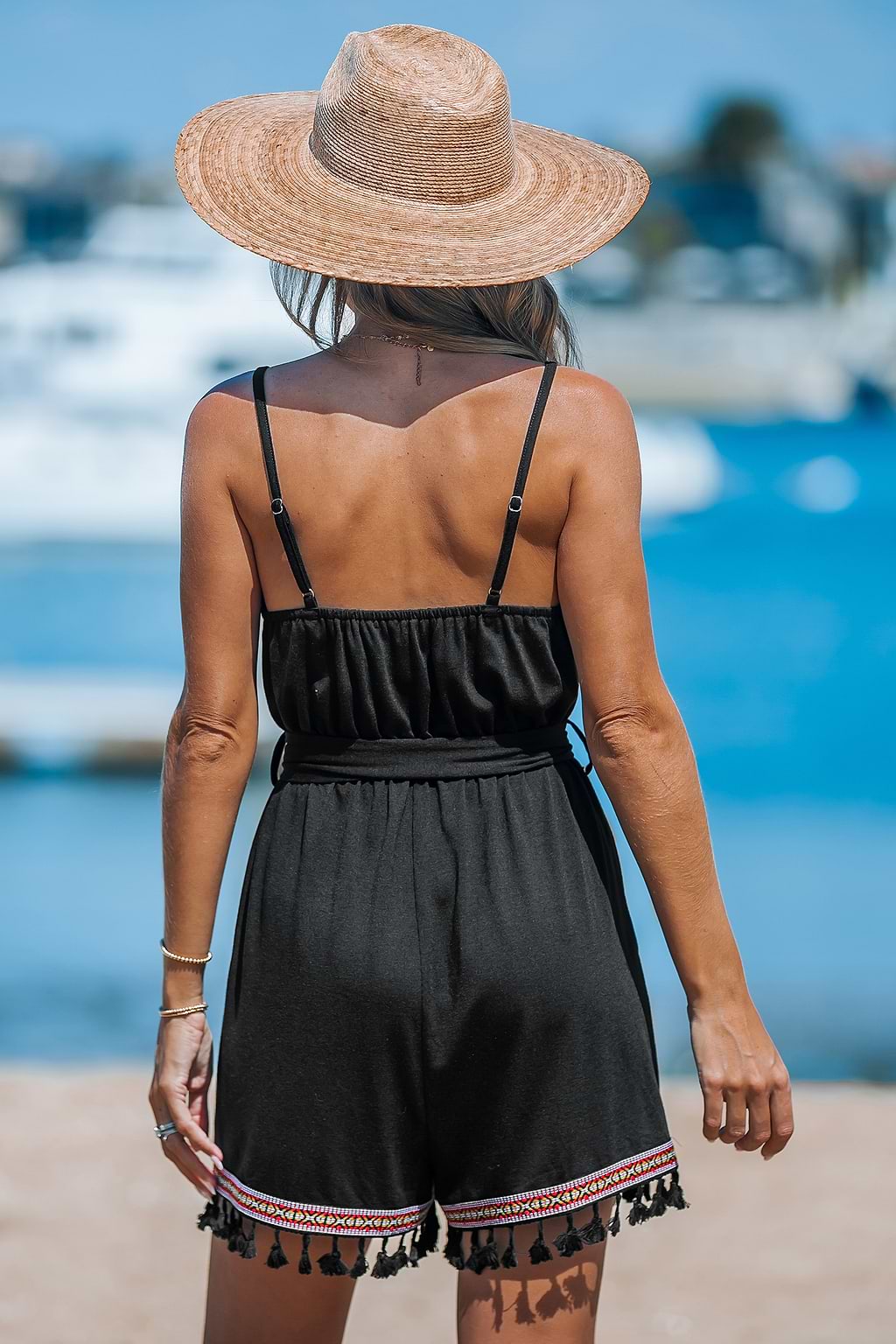 Sleeveless Embroidered Tassel Hem Romper