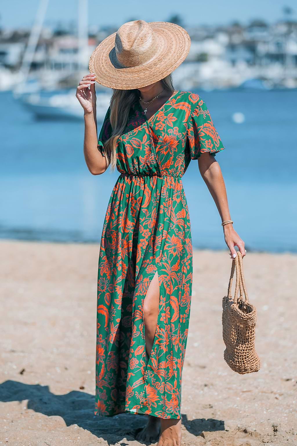 Green Floral Short Sleeve V-Neck Maxi Dress