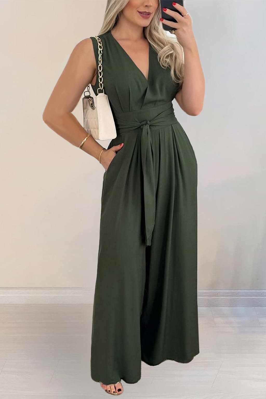 Green Surplice Wide Leg Belted Jumpsuit