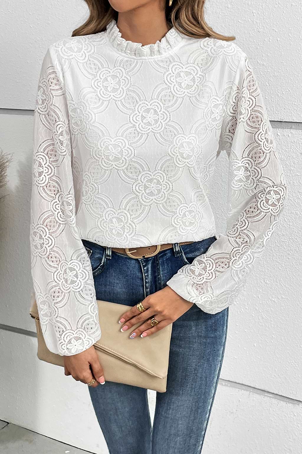 White Flower Lace Ruffle Neck Blouse