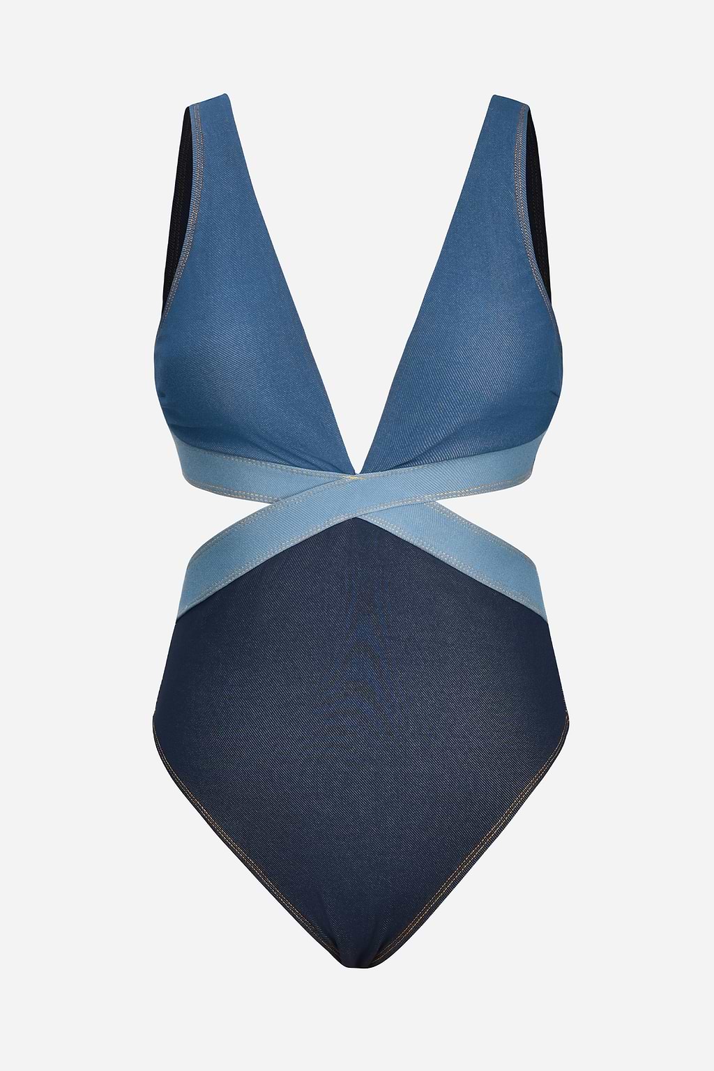 X JoJo Denim Effect Colorblock Cutout Monokini One Piece Swimsuit