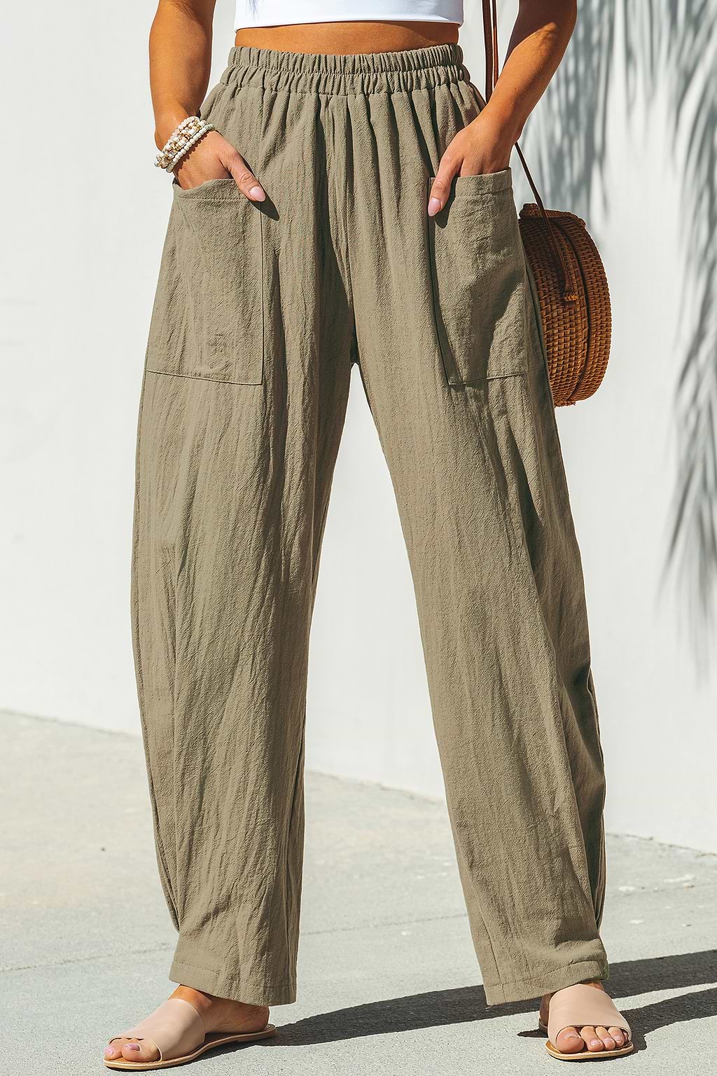 Khaki Elastic Waist Patch Pocket Tapered Leg Pants