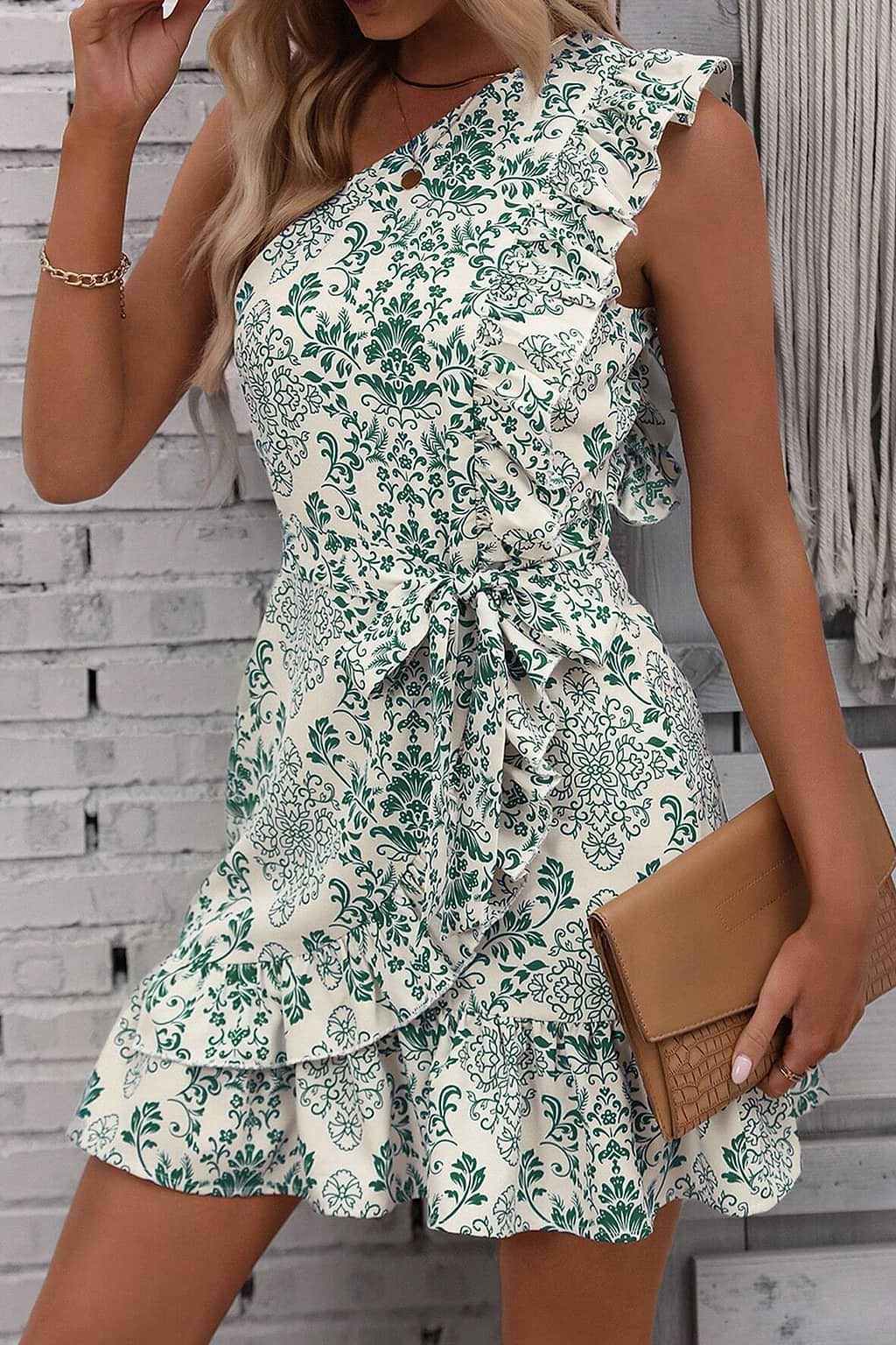 Floral One-Shoulder Ruffle Mini Dress