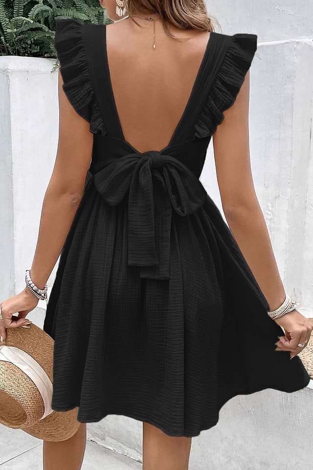 Black V-Neck Flutter Sleeve Back Tie Mini Dress Black V-Neck Flutter Sleeve Back Tie Mini Dress