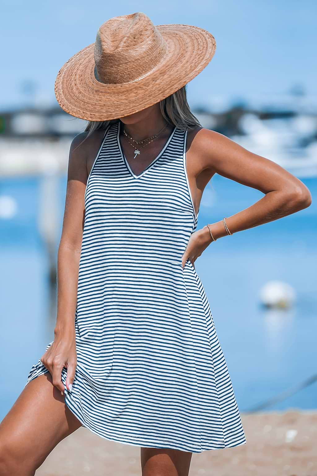 Striped Sleeveless V-Neck Cover-Up
