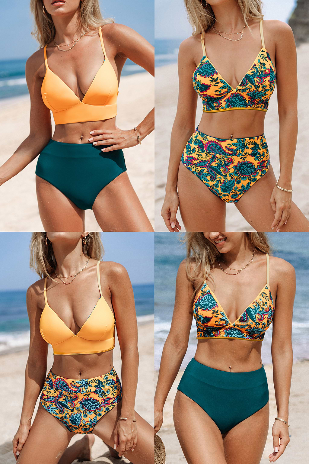 Yellow-and-Blue Paisley Plunging Bikini Top &  Bottoms Set