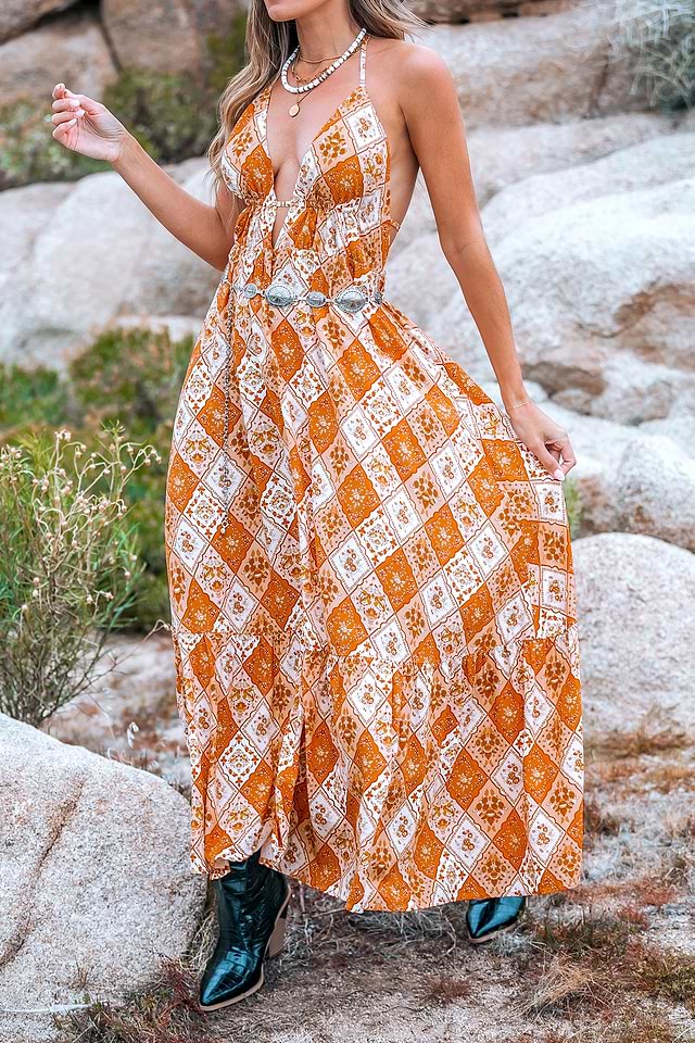 Burnt Orange Boho Sleeveless Plunging Maxi Dress