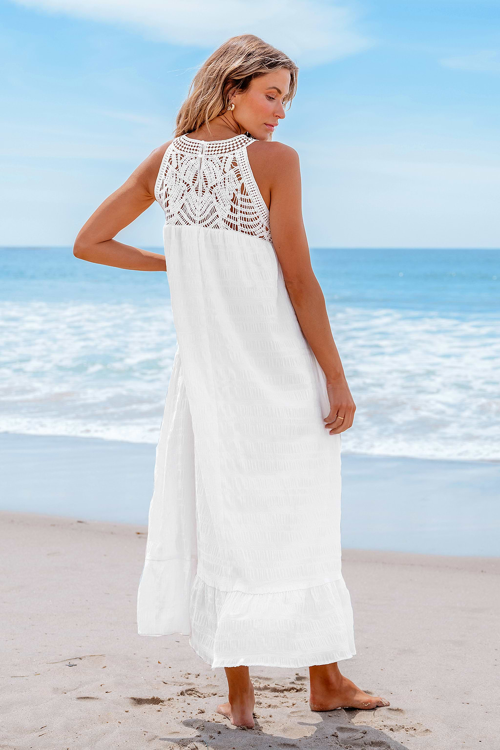 White Sleeveless Lace Flounce Hem Midi Dress