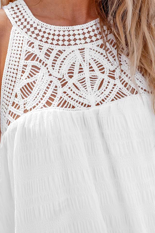White Sleeveless Lace Flounce Hem Midi Dress