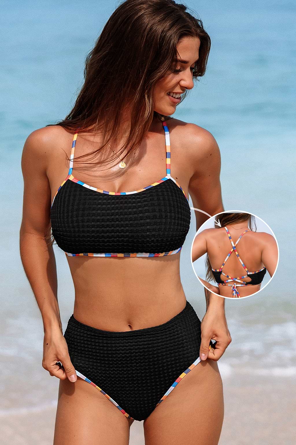 Schwarzes texturiertes Bikini-Oberteil & Cheeky Bikinihose