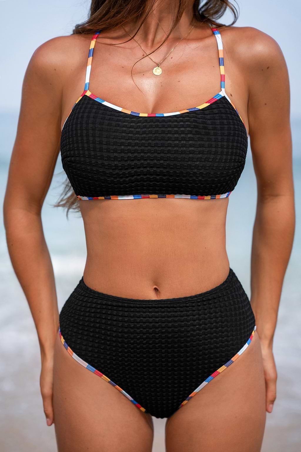 Textured Black Square Neck Bikini Top & Cheeky Bottoms Set