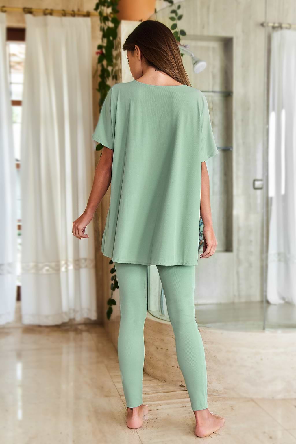 Conjunto de pijama con leggings y top de punto en color menta