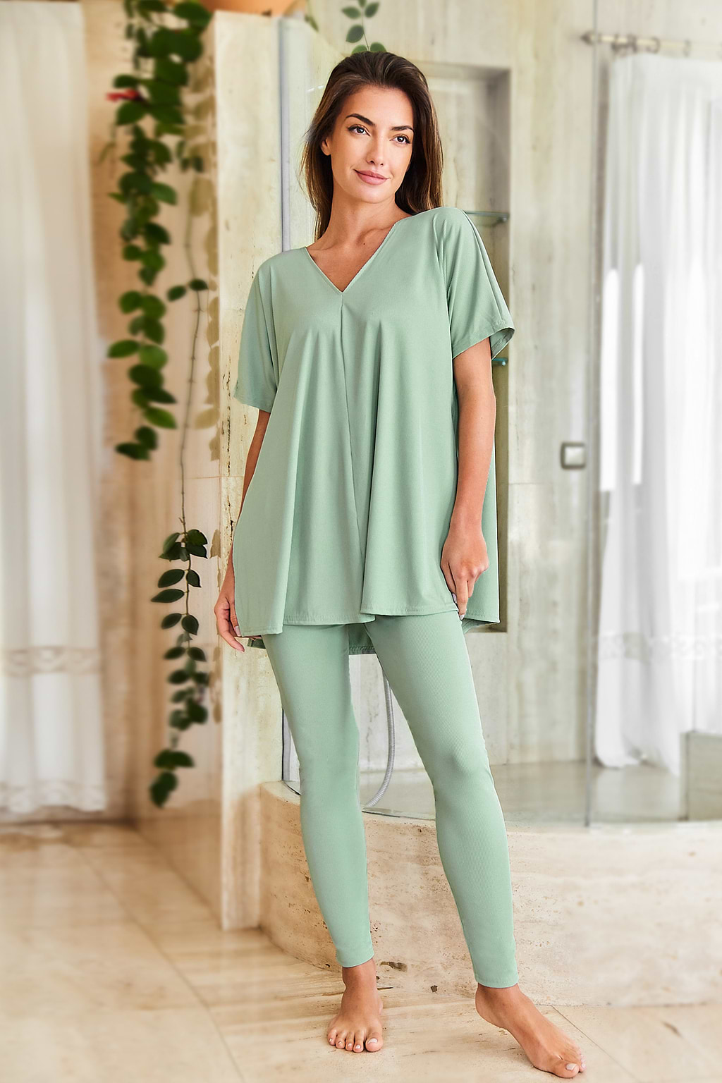 Conjunto de pijama con leggings y top de punto en color menta