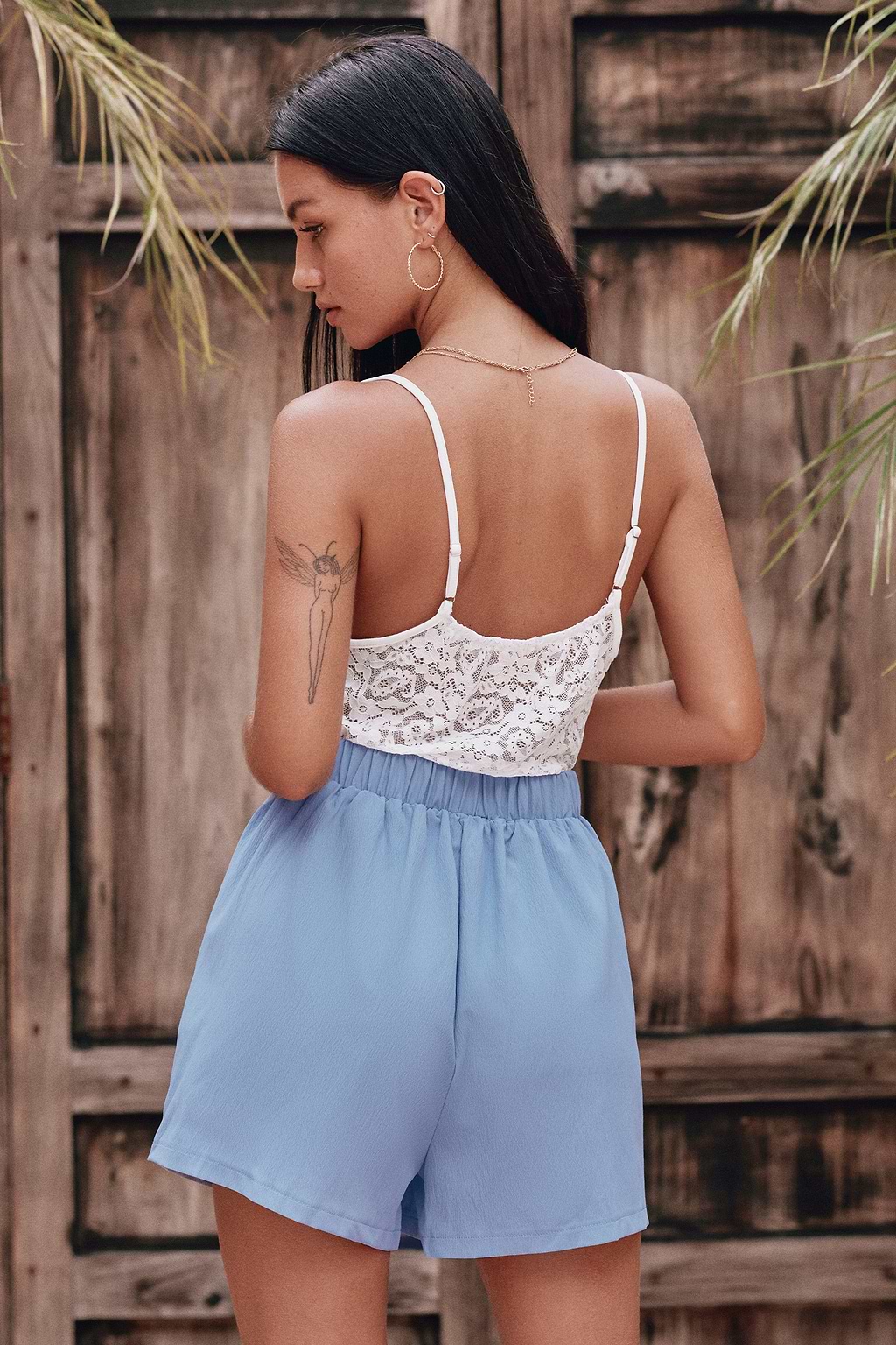 White Lace Cami Blue Shorts Rompers