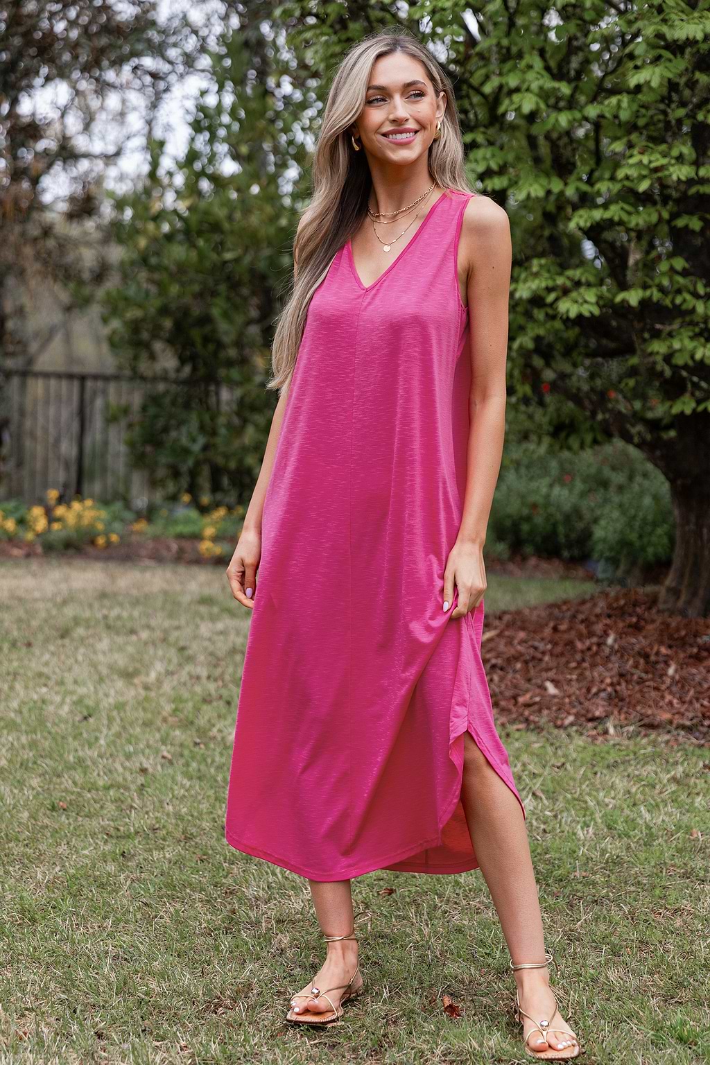 Fuchsia Ärmelloses Maxikleid in lockerer Passform