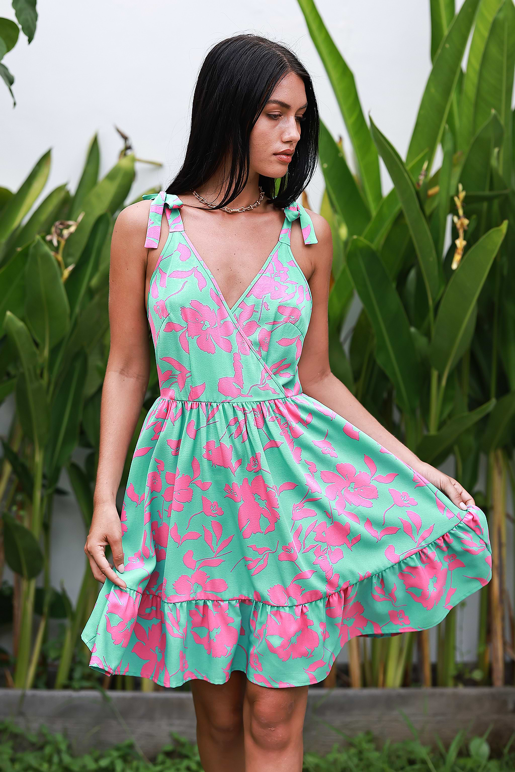 Teal & Pink Sleeveless V-Neck Mini Dress