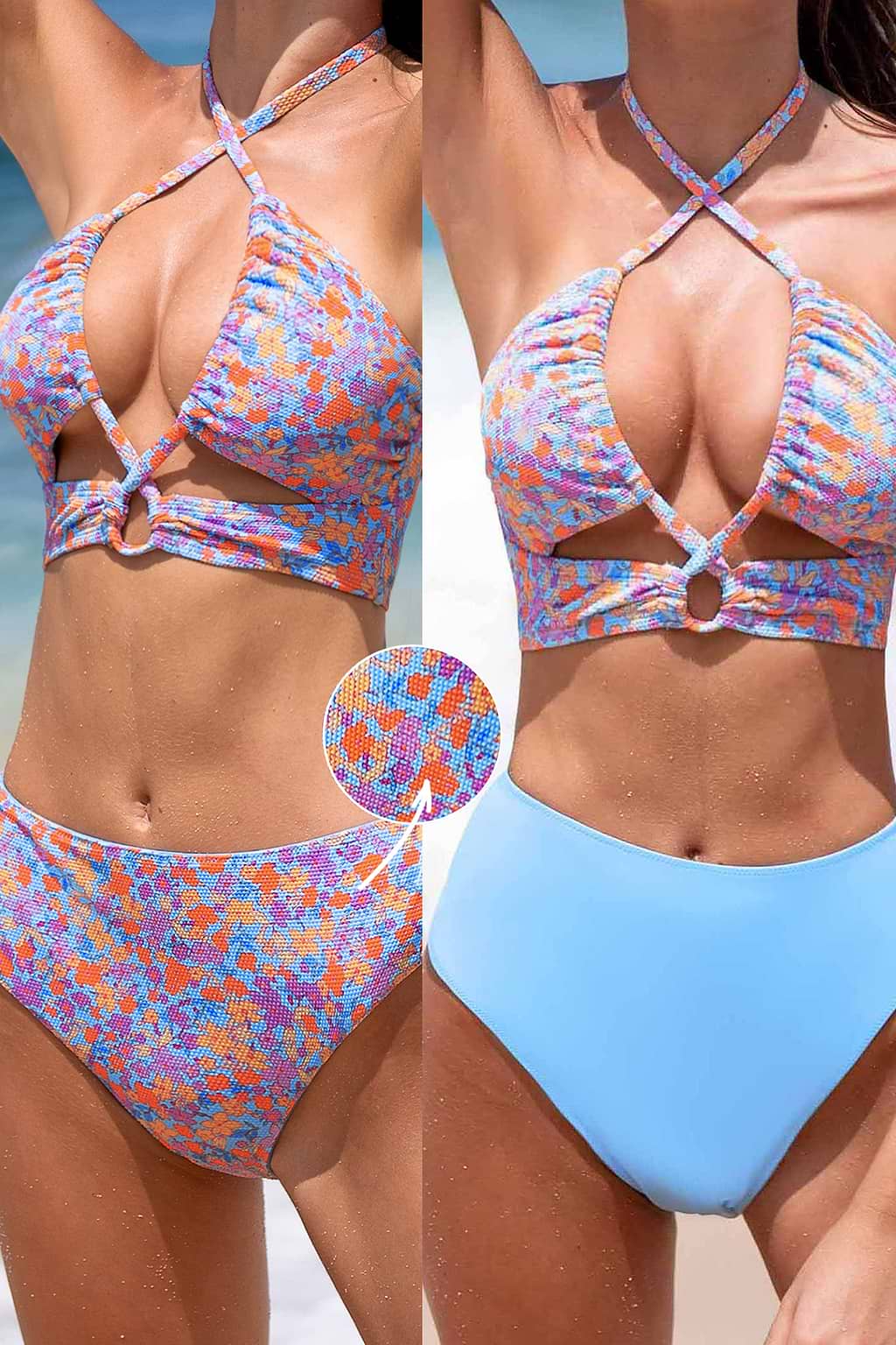 Bikini fleuri à col licou et bas taille moyenne réversible rose