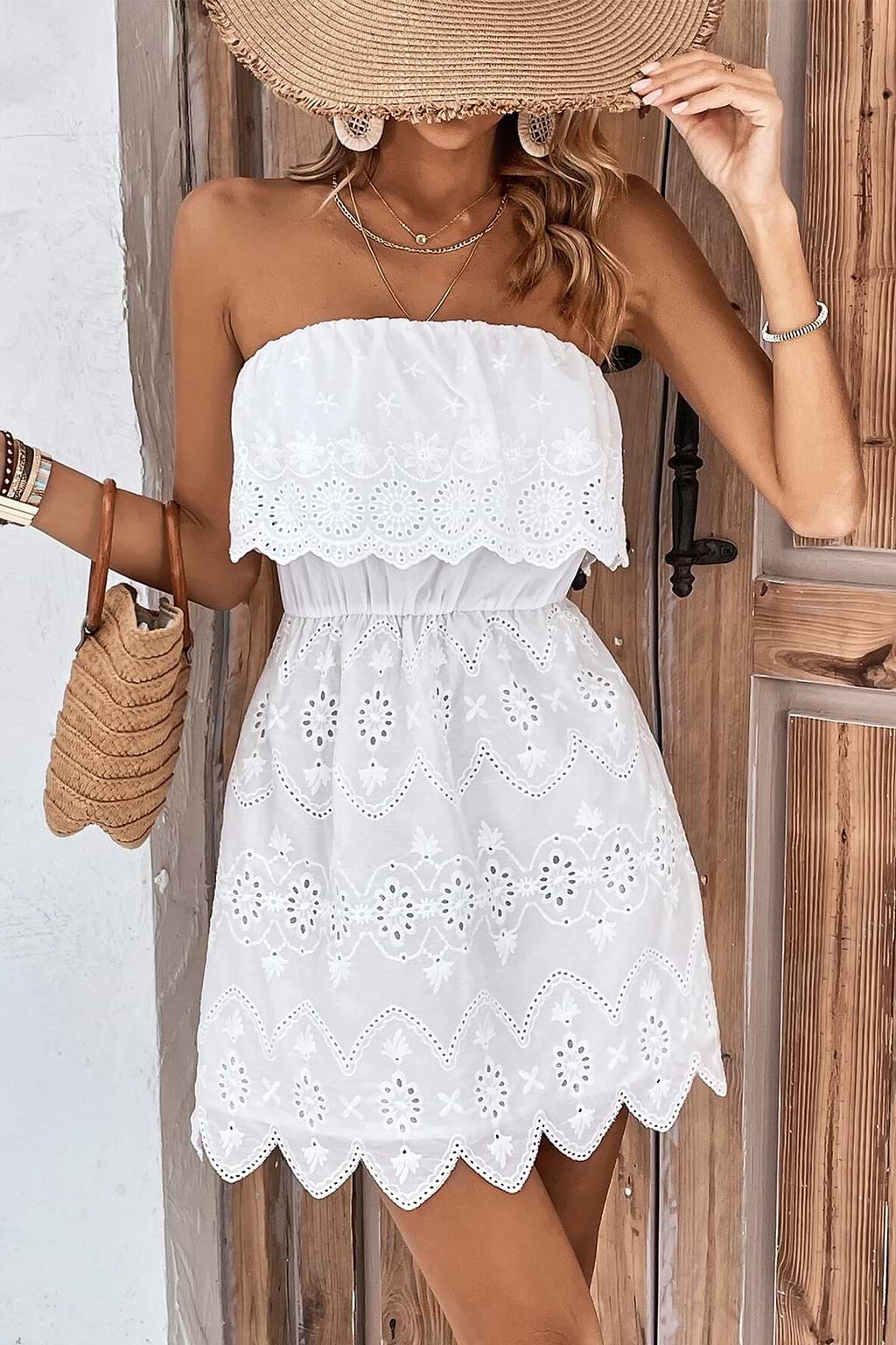 White Eyelet Scalloped Mini Tube Dress