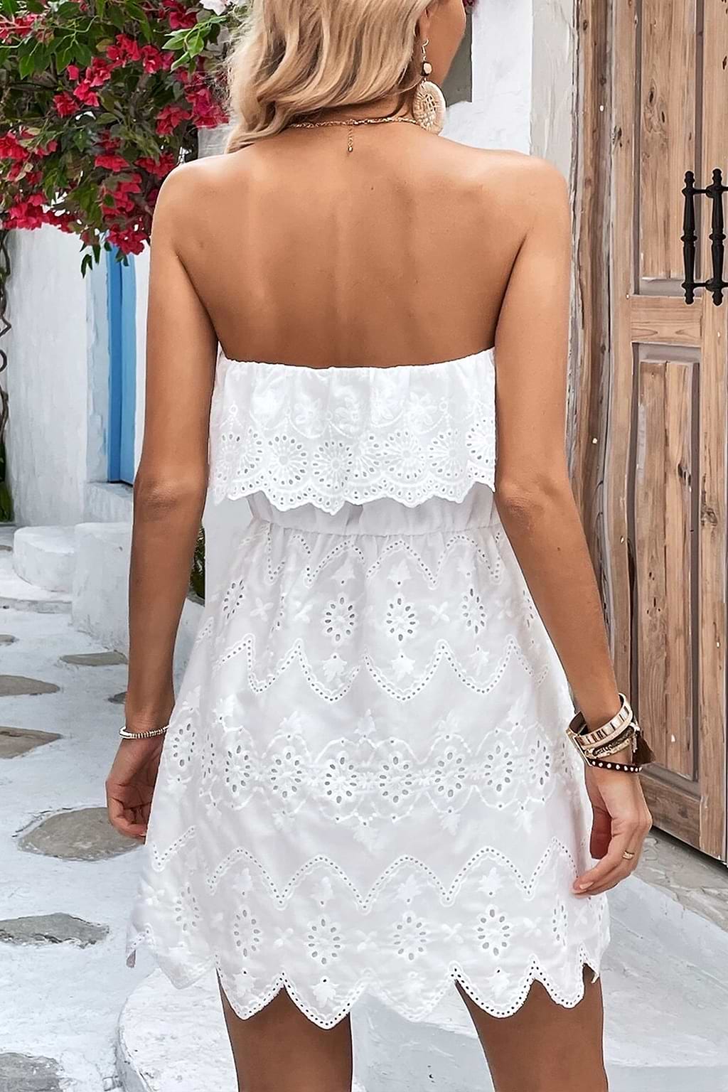 White Eyelet Scalloped Mini Tube Dress