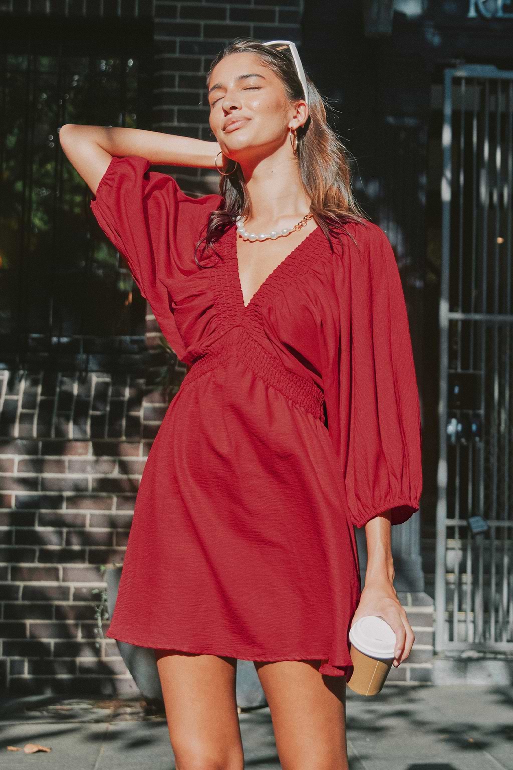 Smocked V-Neck Puff Sleeve Mini Dress