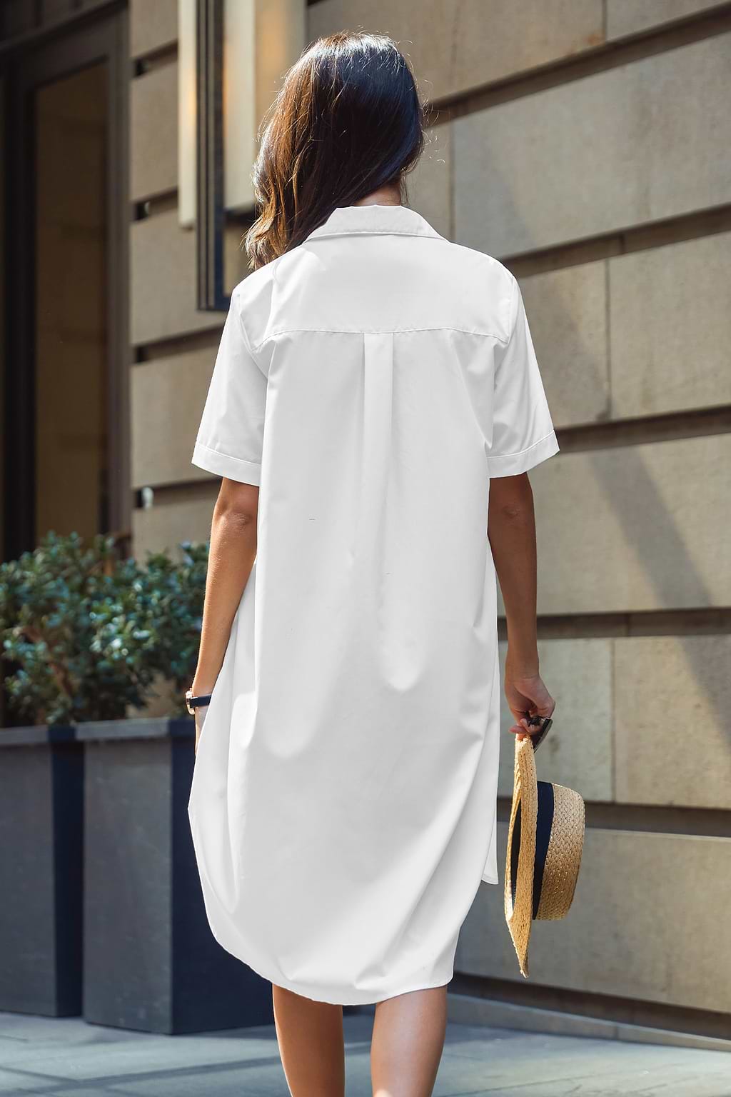 White Short Sleeve Patch Pocket Midi Shirt Dress