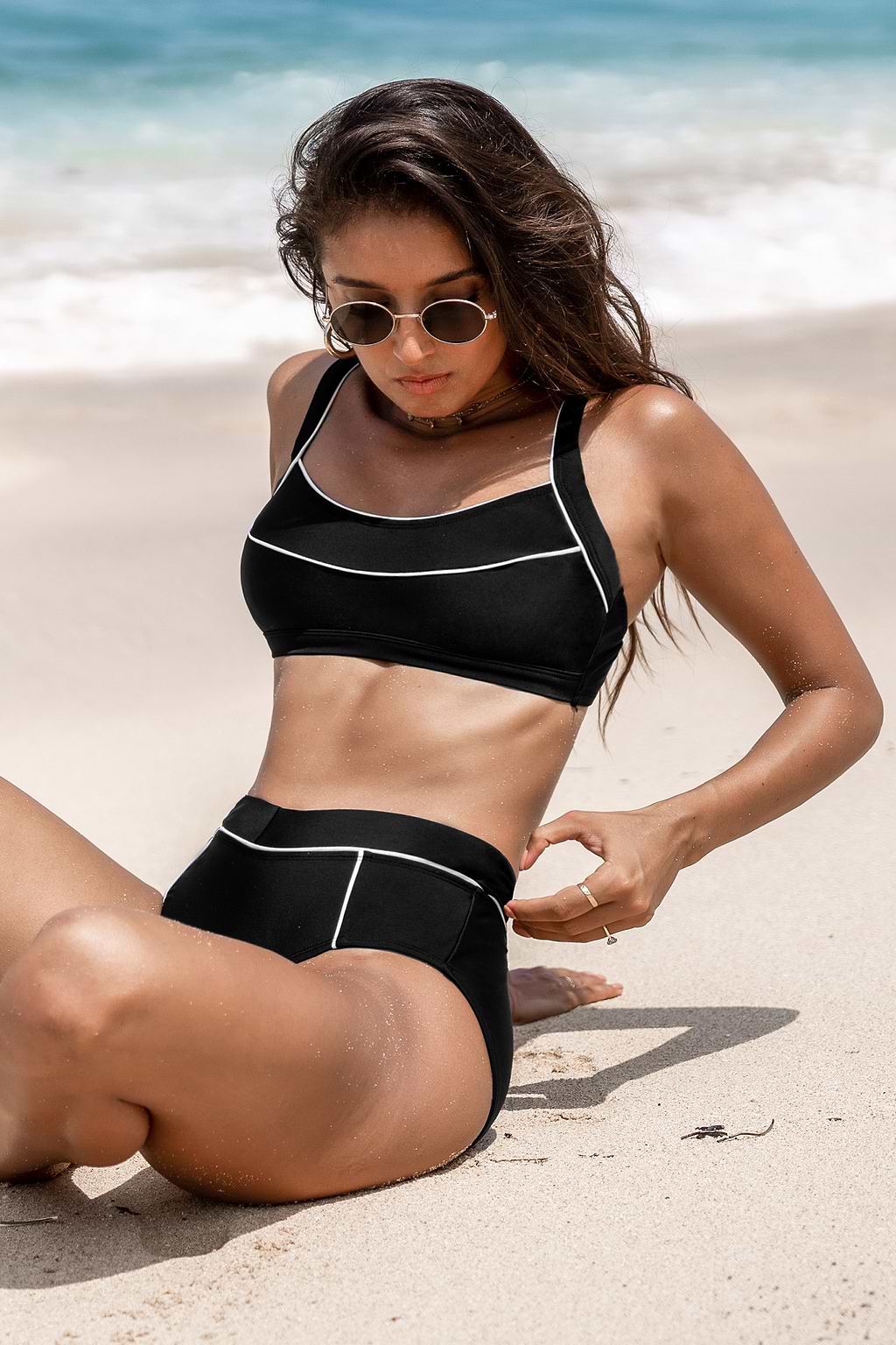 Super Bloom Black Square Neck Bikini Top & V-Front High-Rise Bottoms Set