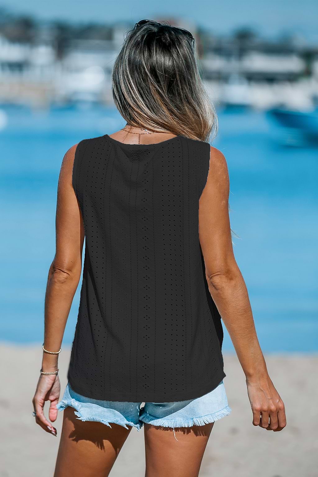 Black Jersey Eyelet Tank Top