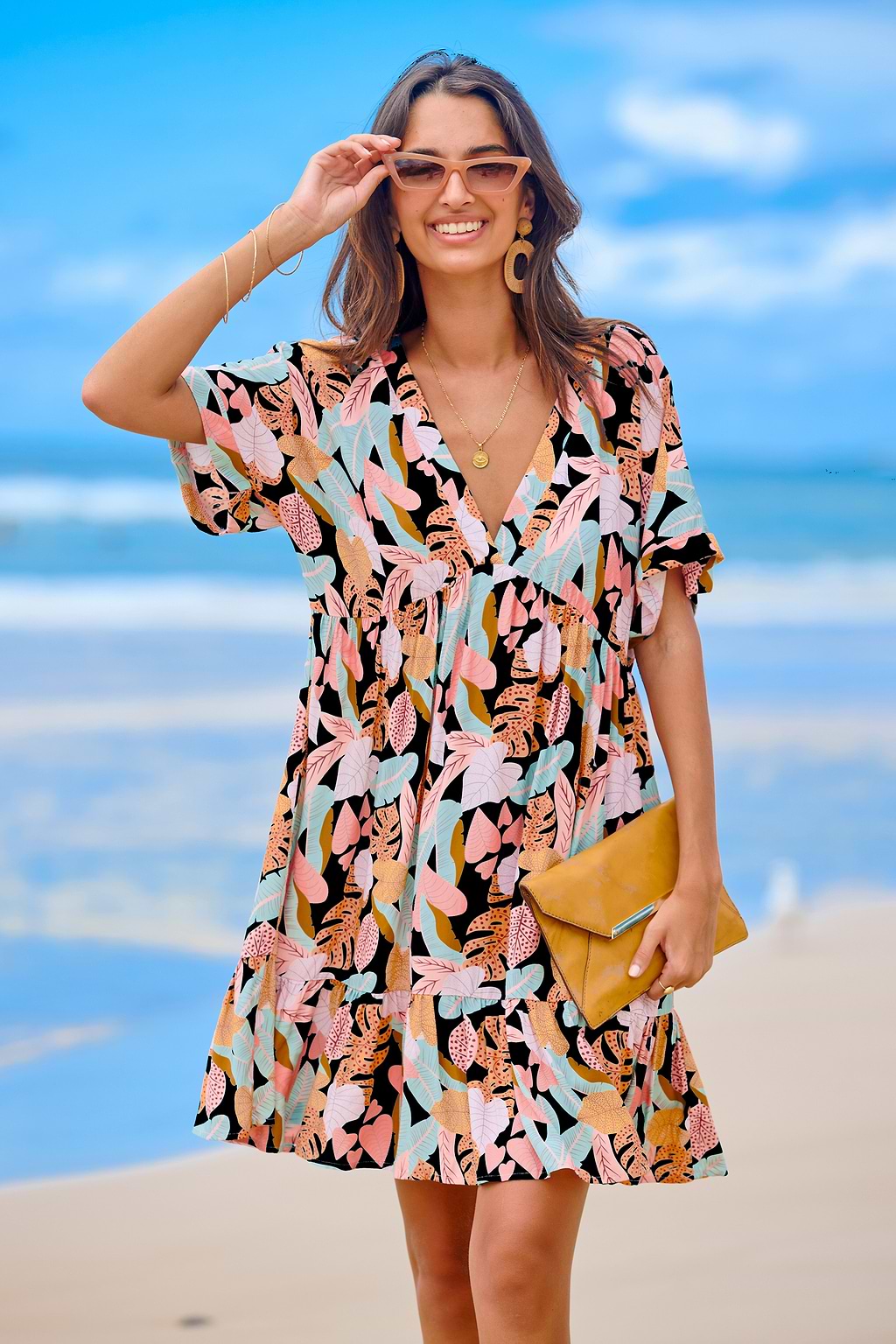 Tropical Leaf Short Sleeve Flounce Hem Mini Dress