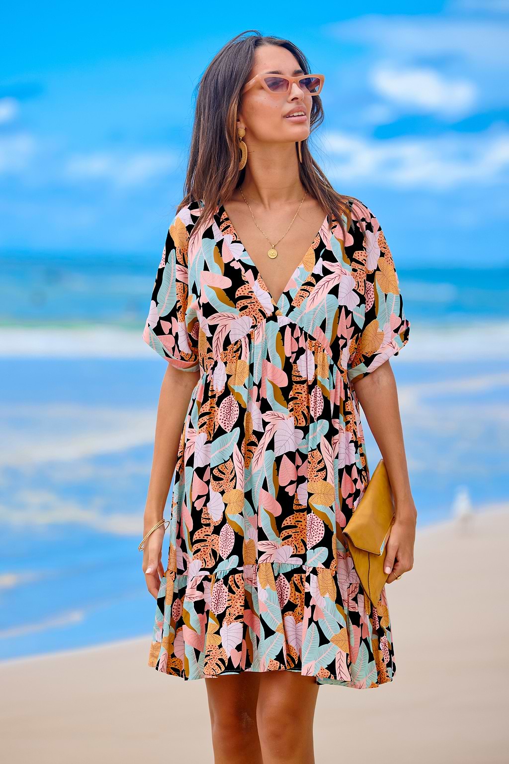 Tropical Leaf Short Sleeve Flounce Hem Mini Dress