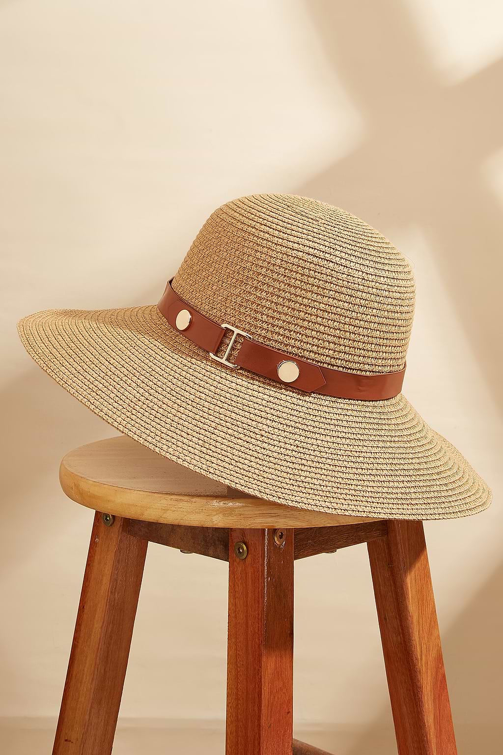 Gold-Tone and Faux Leather Wide Brim Straw Hat