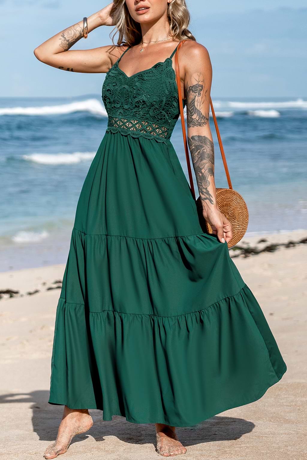 Forest Green Sleeveless Lace Maxi Dress