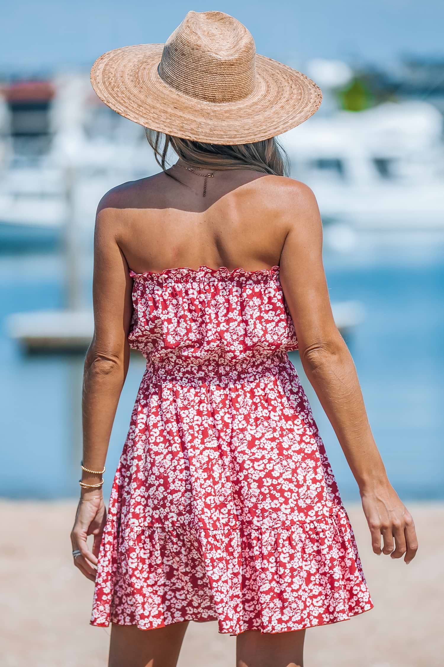Red Ditsy Sleeveless Split Neck Mini Dress
