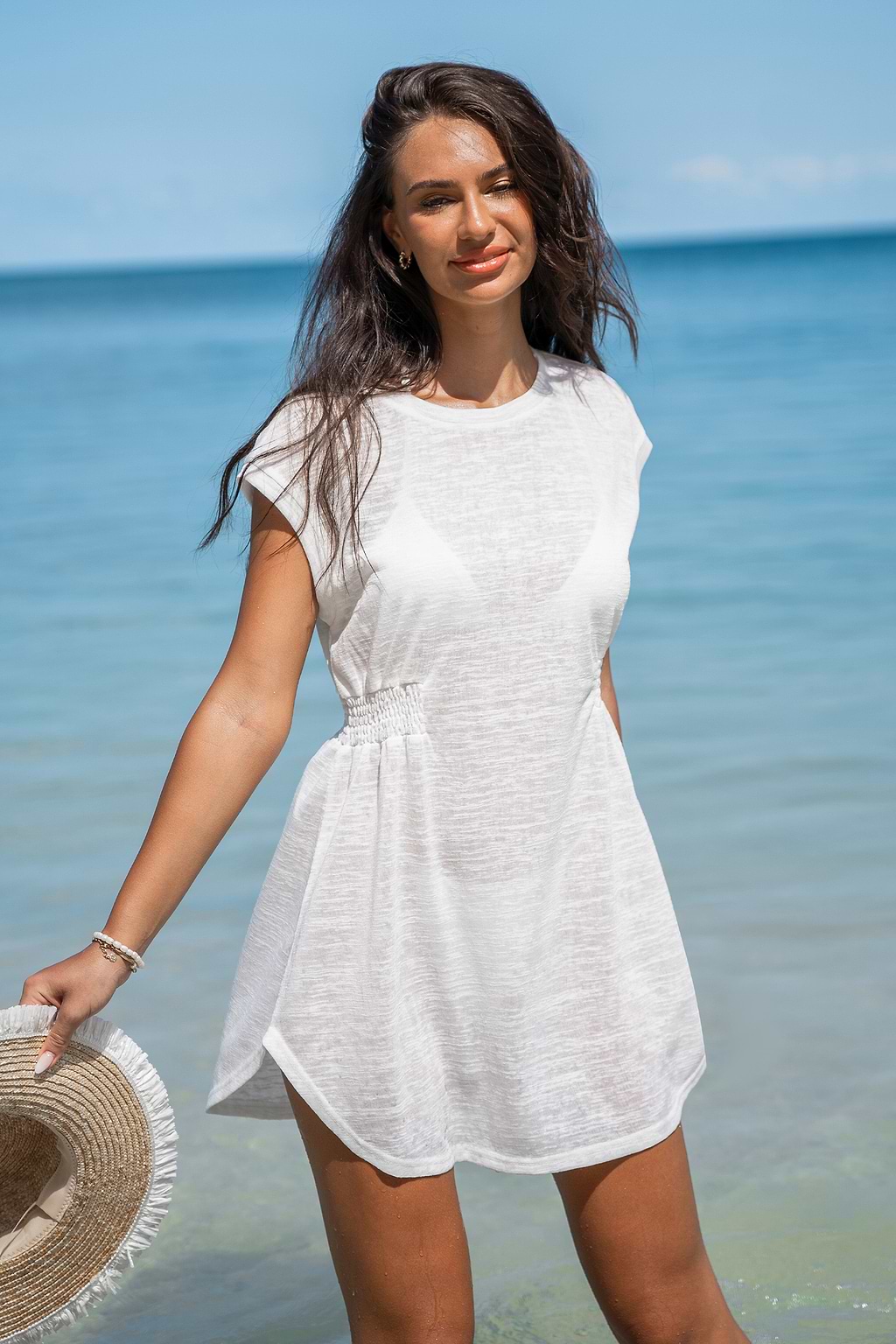 White Round Neck Smocked Waist Cover-Up Dress