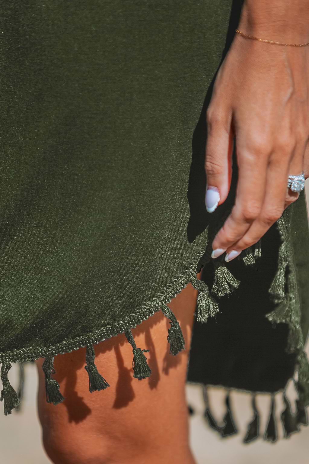 Olive Short Sleeve Tassel Hem Mini Dress
