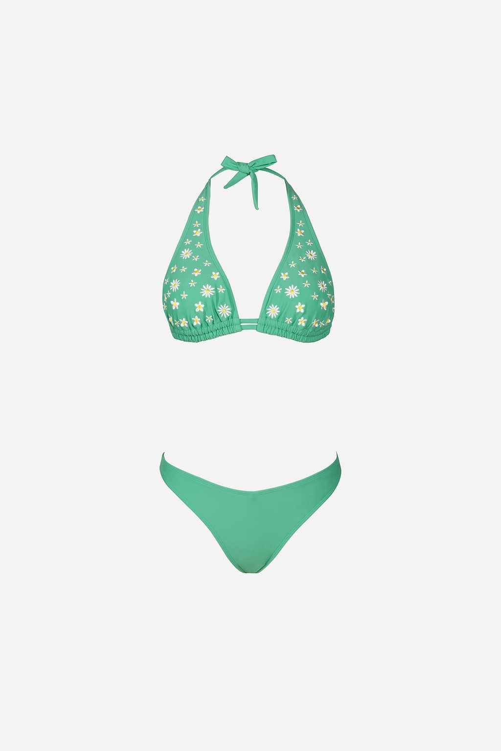 Bikini avec col licou en broderie et bas en V de couleur menthe